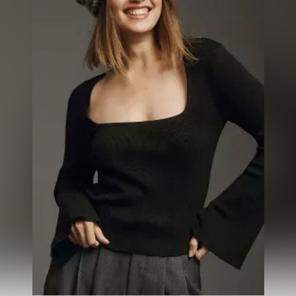Maeve Anthropologie Square Neck Ribbed Bell Sleeve Sweater Black Medium